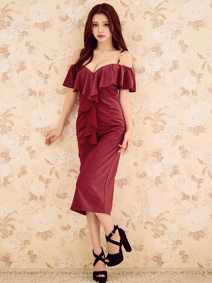 フリルオフショルダーミディアムドレス/キャバドレス11