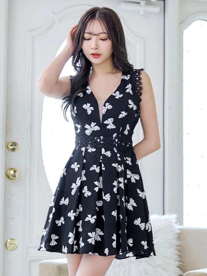 リボン/レース/ノースリーブ/バストシアー/フレア/Aライン/ミニドレス/キャバドレス20