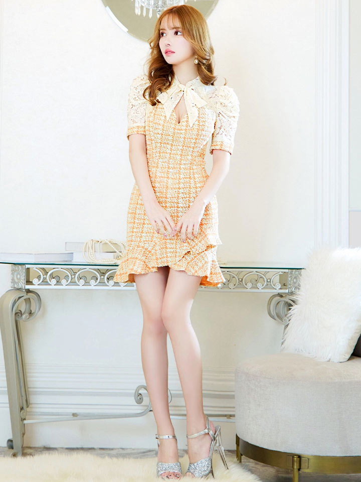 リボンネックレースツイードマーメイドドレス/キャバドレス16