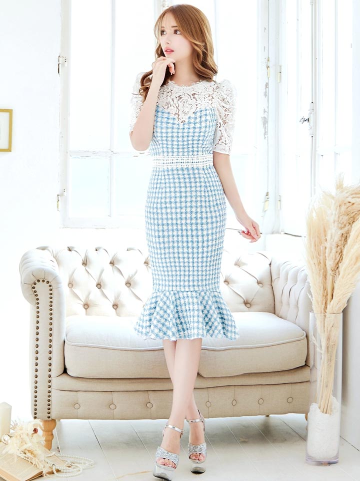 パフスリーブチェックツイードミディアムドレス/キャバドレス16