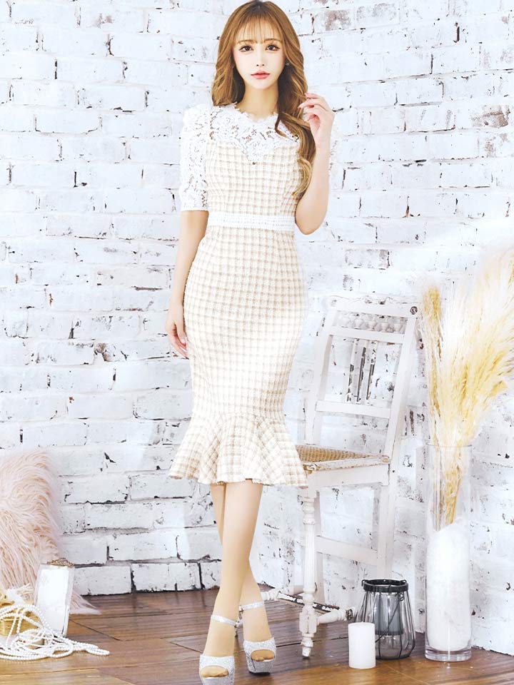 パフスリーブチェックツイードミディアムドレス/キャバドレス9
