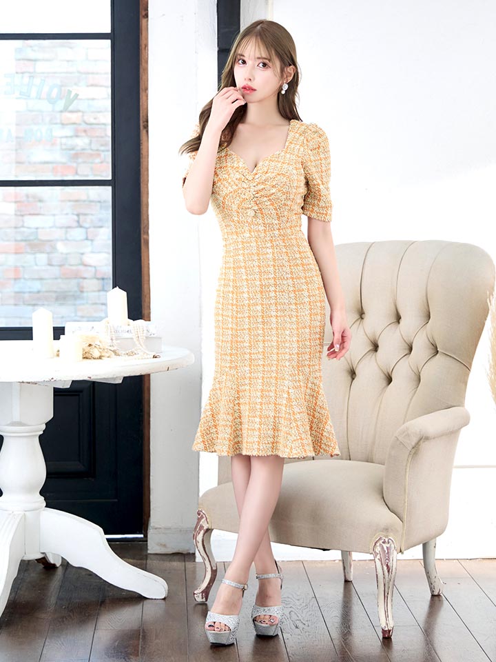 チェックツイードマーメイドミディアムドレス/キャバドレス01