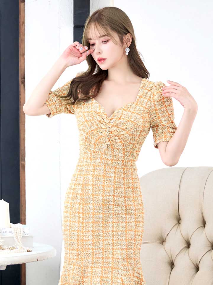 チェックツイードマーメイドミディアムドレス/キャバドレス02