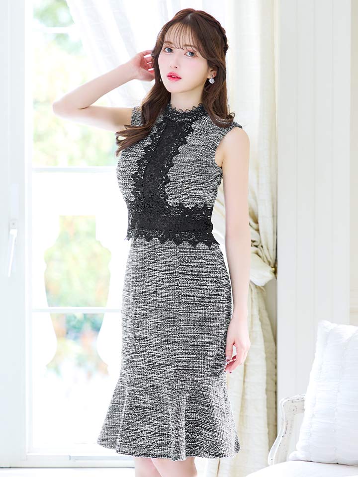 レースツイードマーメイドミディアムドレス/キャバドレス11