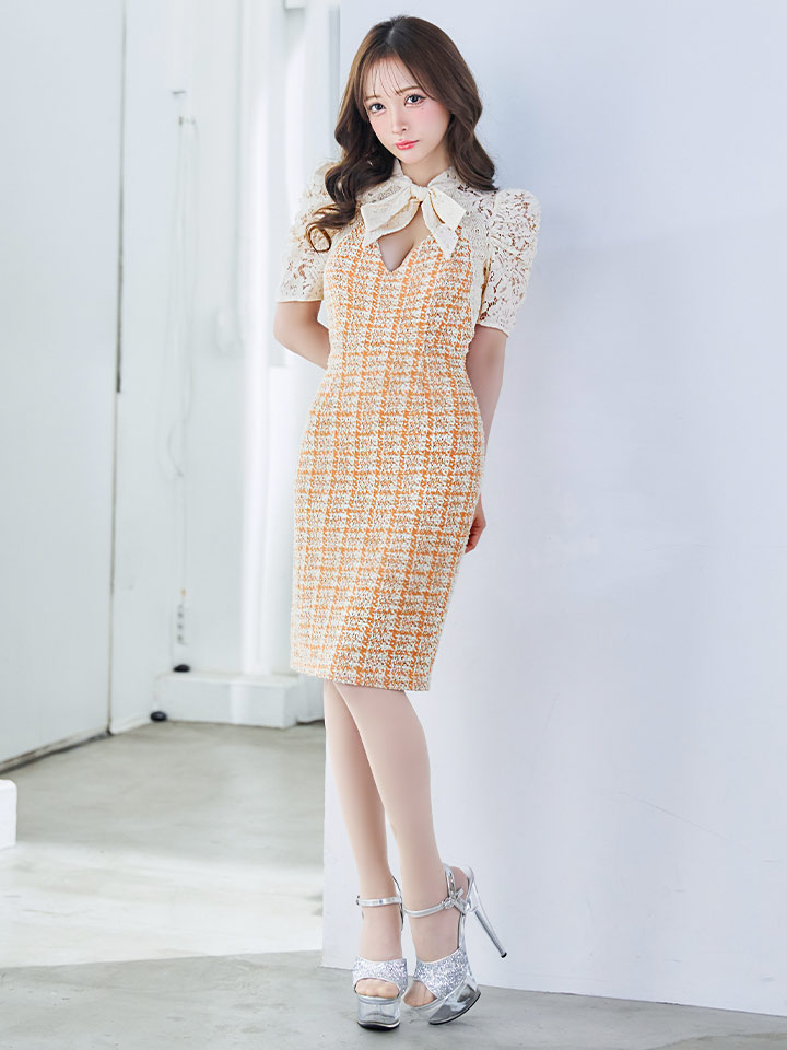 レースボウタイリボンチェックツイードミディアムドレス/キャバドレス01