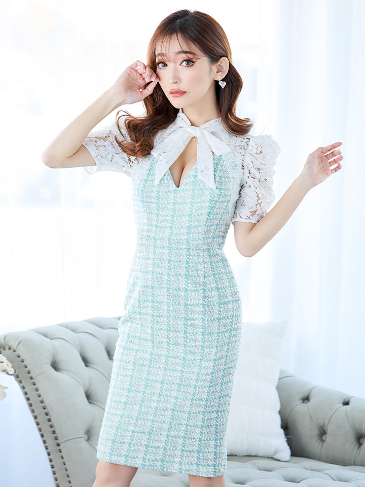 レースボウタイリボンチェックツイードミディアムドレス/キャバドレス06