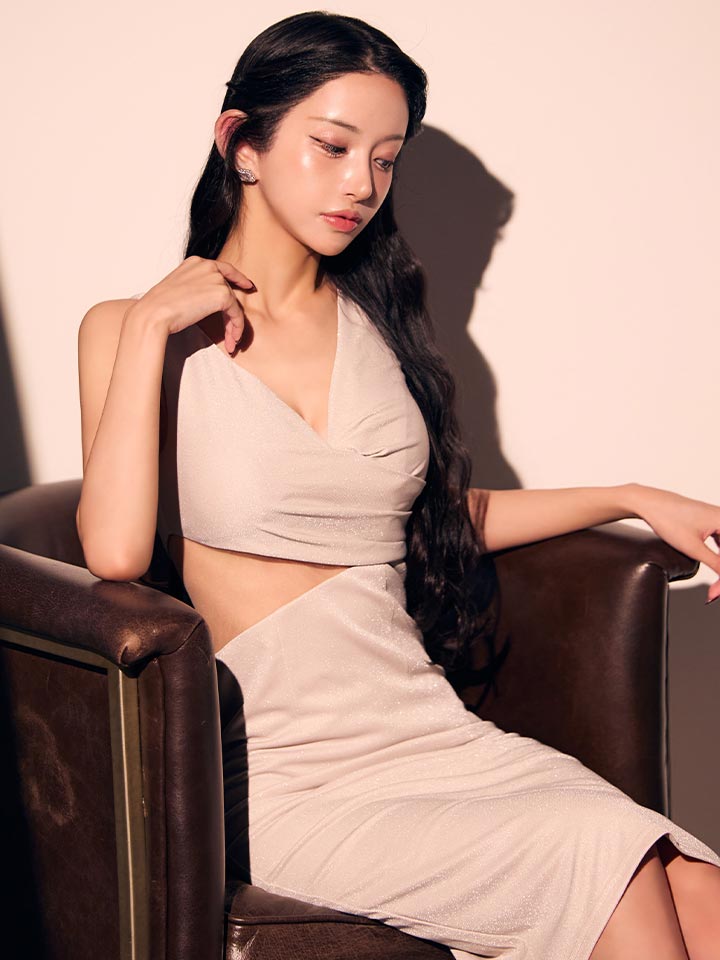 ウエストシアーカットラメストレッチミディアムドレス/キャバドレス12