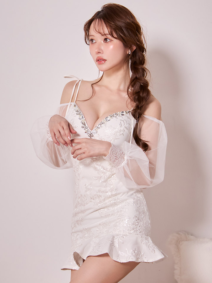 刺繍レースオフショルミニドレス/キャバドレス5
