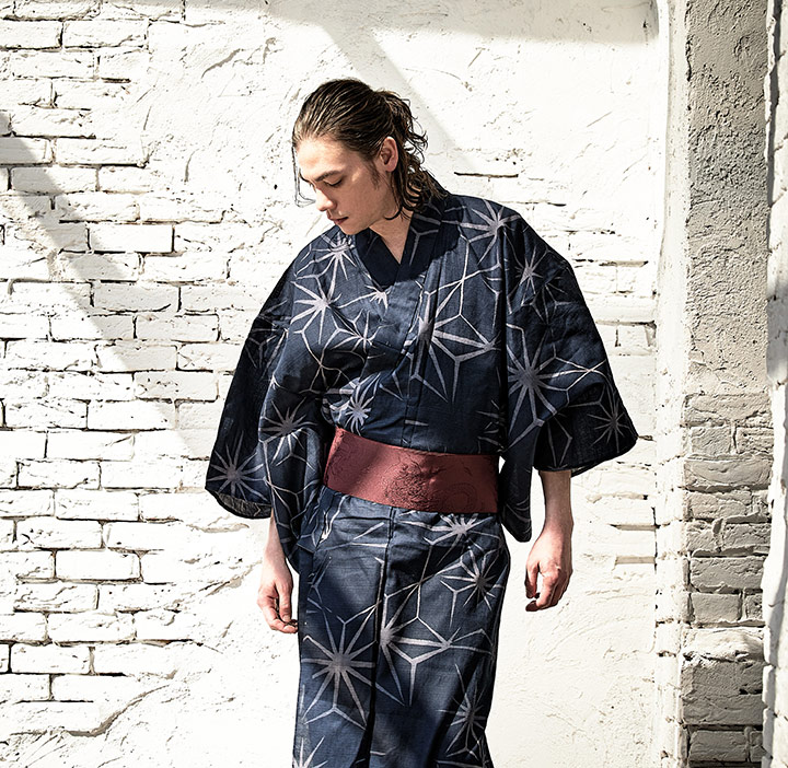 送料無料 ベージュ麻の葉柄 メンズ 浴衣 夏 夏祭り 花火大会 和服 着物MSY6022wk-22AJ
