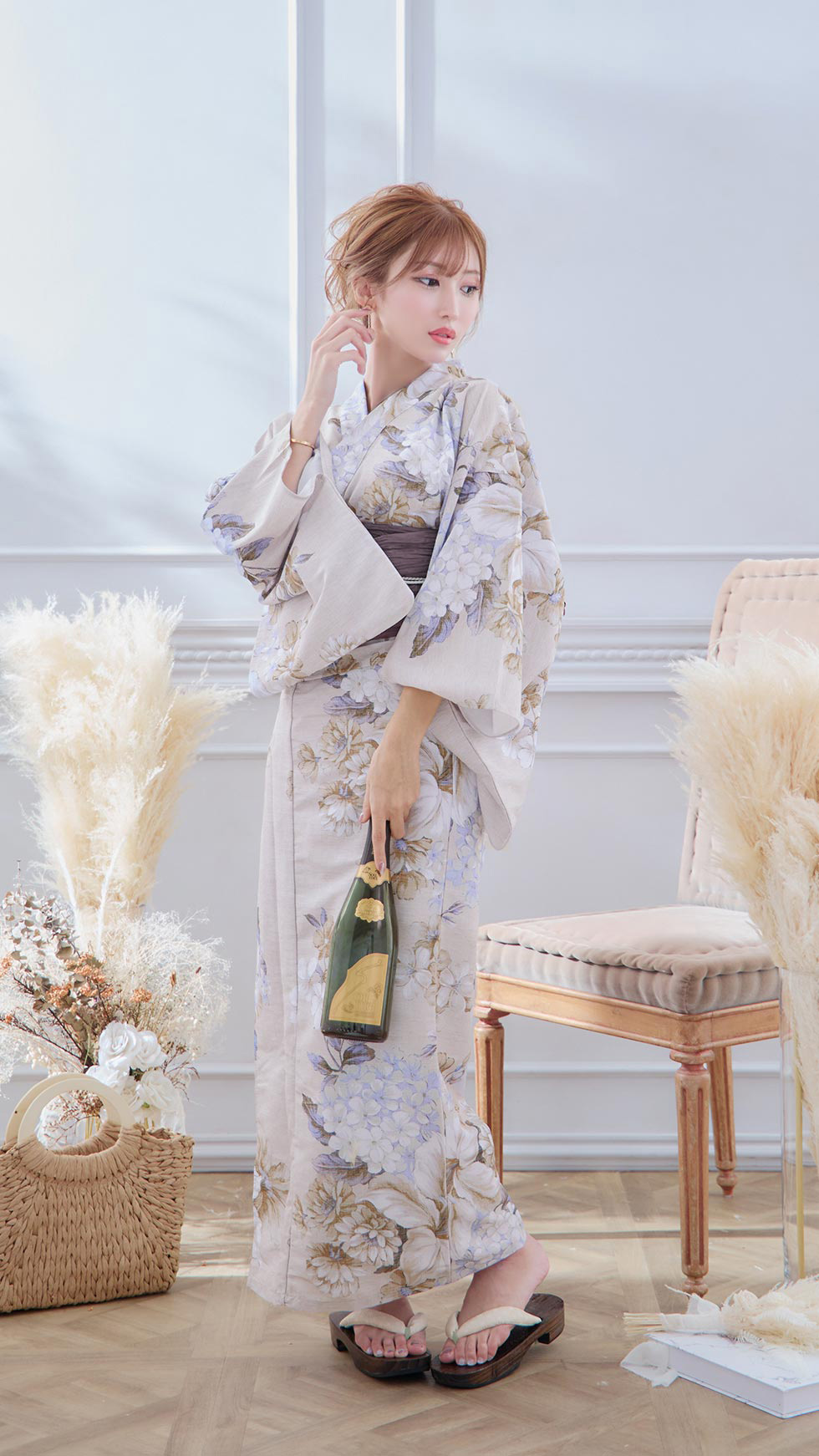 浴衣】ブラウンベージュフラワー 紫陽花 浴衣 siwa35 / 19himo-MOCA 