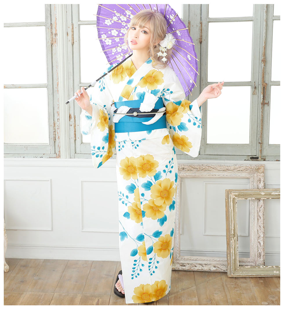 浴衣 白地x黄色の花模様浴衣セット Yobi030wh Yhimo802 19obi 11 Hc02