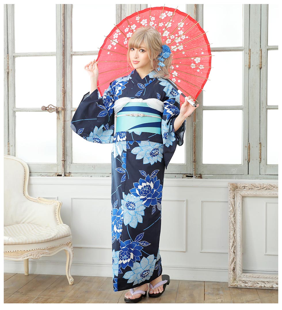 浴衣3点セット 紺地x蓮の花模様浴衣セット Yobi030wh Yhimo211 A808wkbl