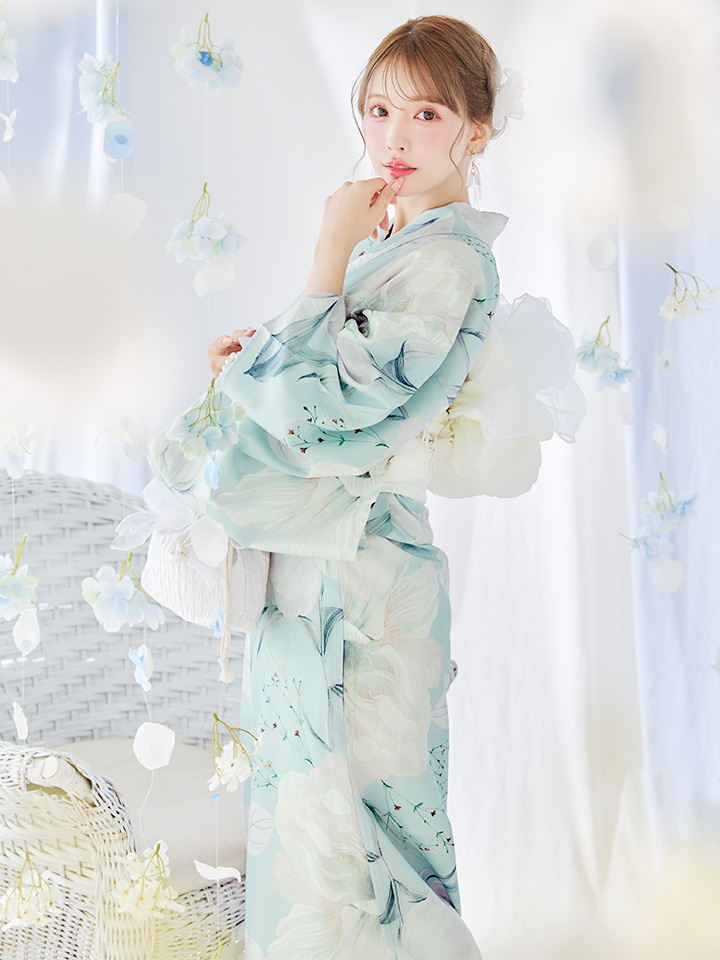 洋モダンミントグリーン浴衣  【浴衣３点セット 浴衣/帯/下駄】OBI-siwa-200-kj-13-OW / HIMO-900-yn-5-IV / HEKO-800-sb-5-W / YA-1069-kn-W / GETA-01-kj-3-IV/ [YMT]