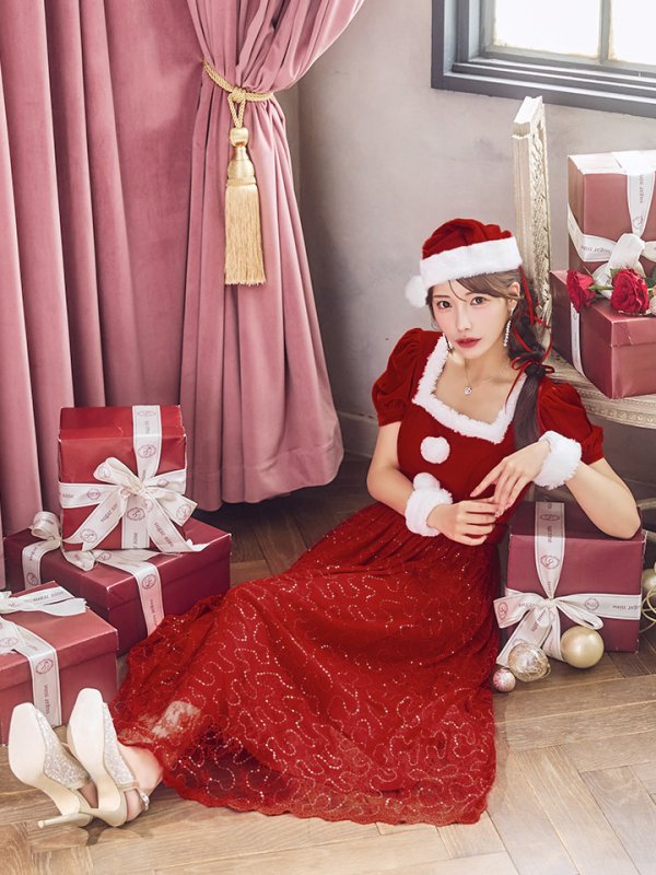 画像31: 【サンタセール！】【サンタコス 5点セット】【S-Mサイズ/2カラー】ベロアワンピースサンタ[YMT] (31)