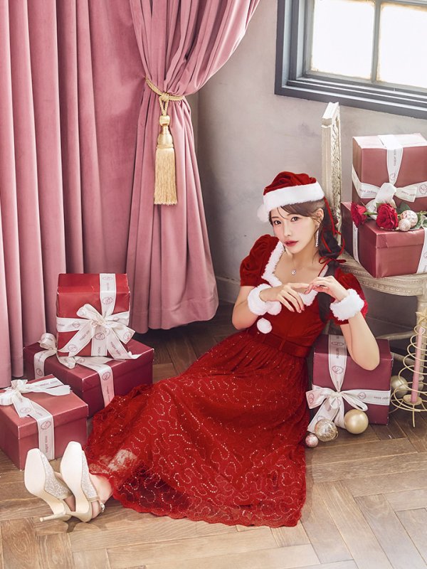 画像32: 【サンタセール！】【サンタコス 5点セット】【S-Mサイズ/2カラー】ベロアワンピースサンタ[YMT] (32)