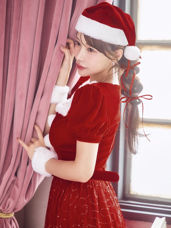 画像34: 【サンタセール！】【サンタコス 5点セット】【S-Mサイズ/2カラー】ベロアワンピースサンタ[YMT] (34)