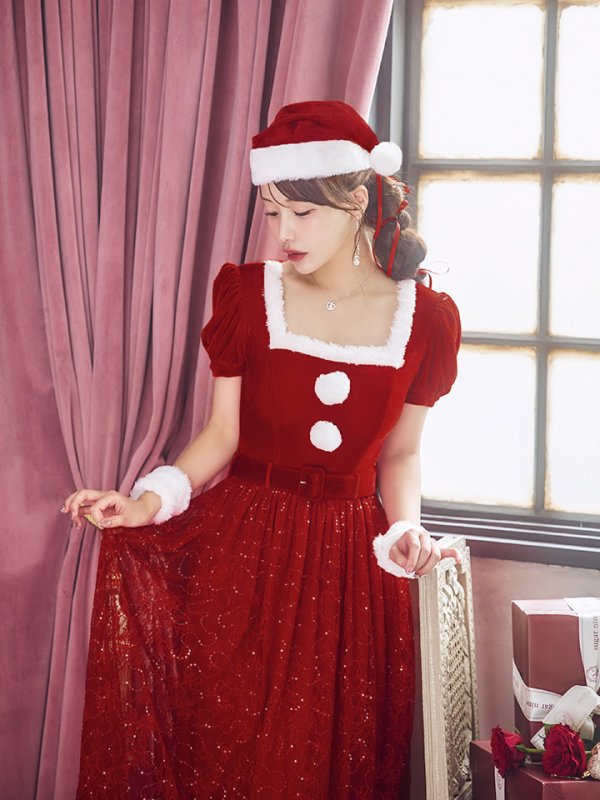 画像36: 【サンタセール！】【サンタコス 5点セット】【S-Mサイズ/2カラー】ベロアワンピースサンタ[YMT] (36)