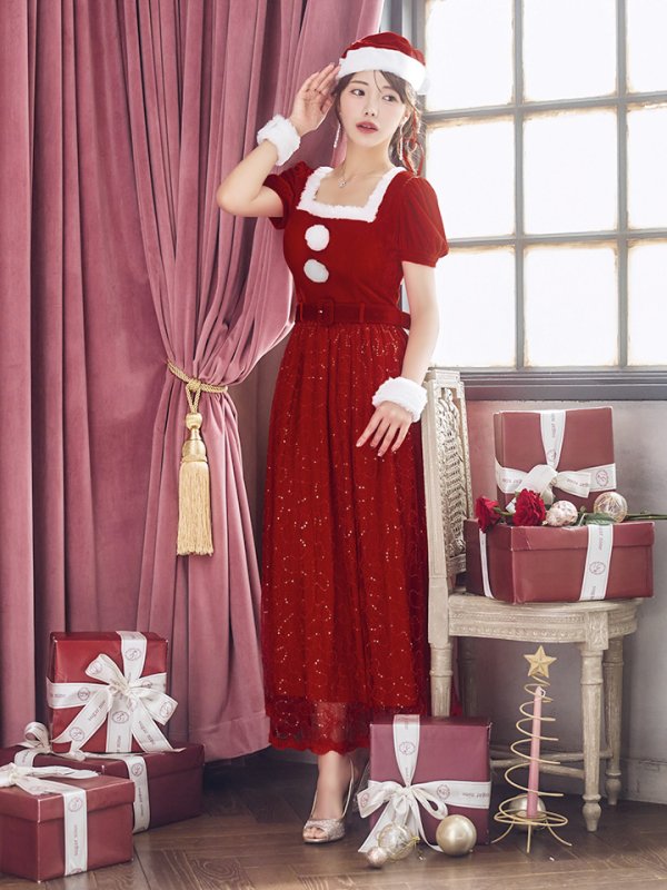 画像38: 【サンタセール！】【サンタコス 5点セット】【S-Mサイズ/2カラー】ベロアワンピースサンタ[YMT] (38)