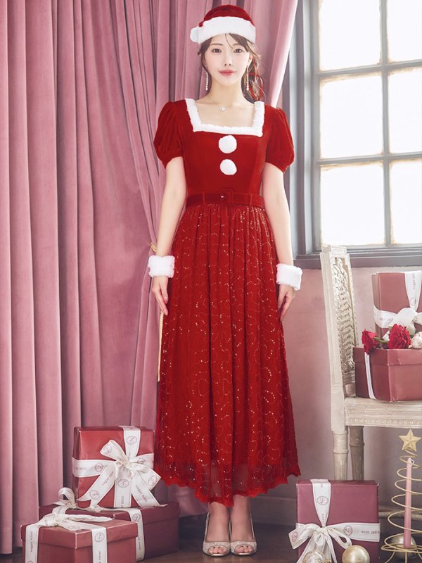 画像24: 【サンタセール！】【サンタコス 5点セット】【S-Mサイズ/2カラー】ベロアワンピースサンタ[YMT] (24)