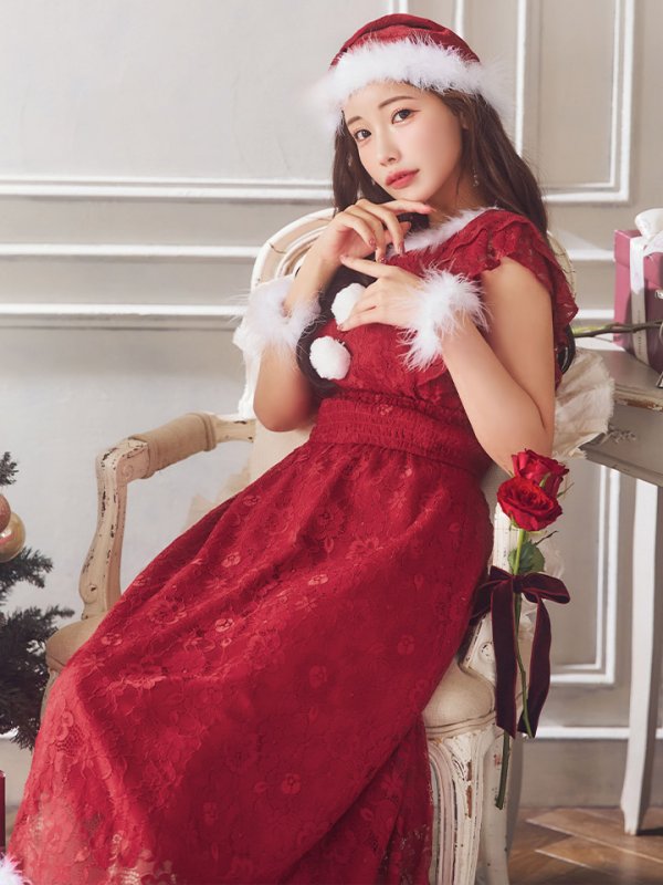 画像2: 【サンタセール！】【サンタコス 4点セット】【S-Lサイズ/1カラー】フラワーレースワンピースサンタ[YMT] (2)