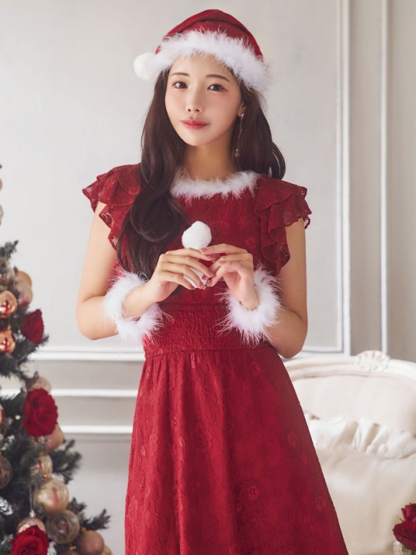 画像3: 【サンタセール！】【サンタコス 4点セット】【S-Lサイズ/1カラー】フラワーレースワンピースサンタ[YMT] (3)