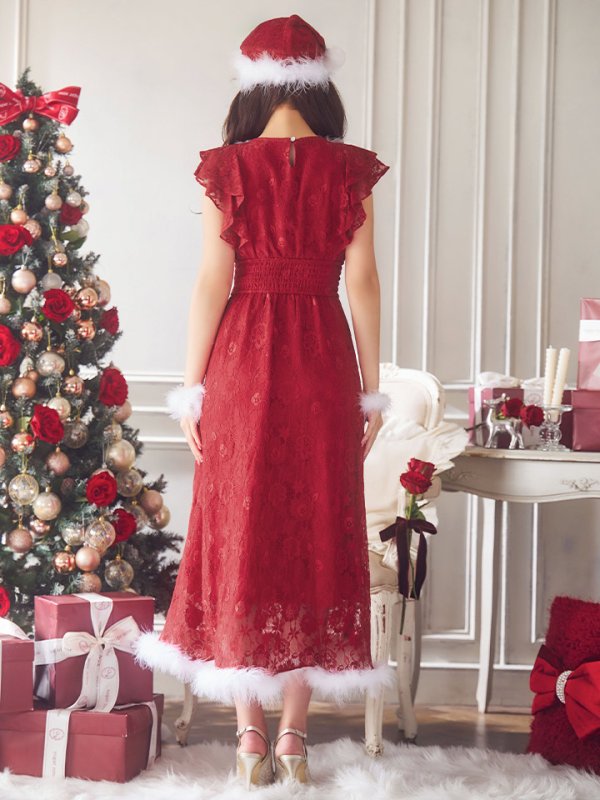 画像5: 【サンタセール！】【サンタコス 4点セット】【S-Lサイズ/1カラー】フラワーレースワンピースサンタ[YMT] (5)