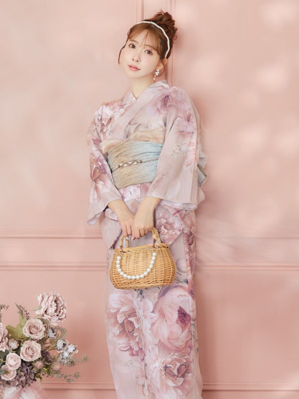 画像9: 【即日発送】くすみピンクアンティークフラワー浴衣  【浴衣３点セット 浴衣/帯/下駄】[YMT] (9)