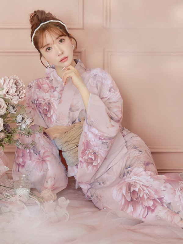 画像2: 【即日発送】くすみピンクアンティークフラワー浴衣  【浴衣３点セット 浴衣/帯/下駄】[YMT] (2)