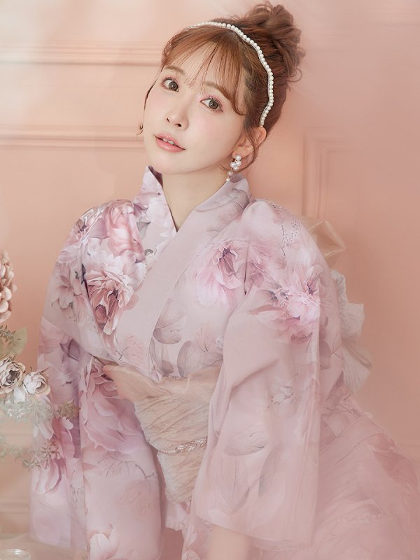 画像3: 【即日発送】くすみピンクアンティークフラワー浴衣  【浴衣３点セット 浴衣/帯/下駄】[YMT] (3)