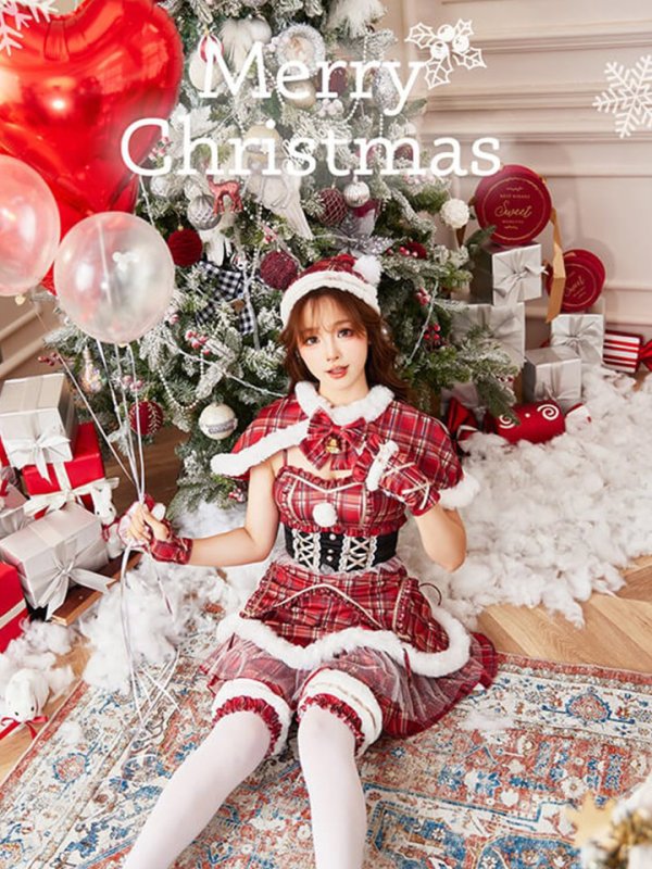 画像1: 【即日発送！】【クリスマスコスプレ6点セット】【Malymoon/マリームーン】チェックエンジェルサンタ【フリーサイズ/1カラー】[OF03] (1)