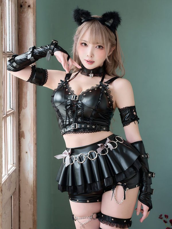 画像1: 【即日発送】スタッズレザーボンテージキャット【マリームーン】【ハロウィンコスプレ13点セット】【フリーサイズ/2カラー】[OF04-Bg] (1)