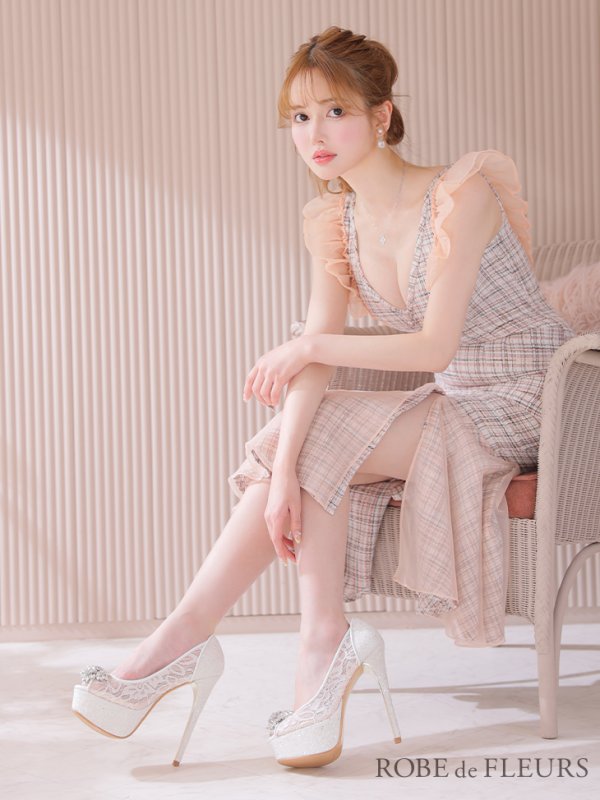 画像3: 【ROBE de FLEURS/ローブドフルール】総レース×グリッター/ オープントゥパンプス/ ビジューモチーフ付き【ヒール14.5cm】[OF02C] (3)
