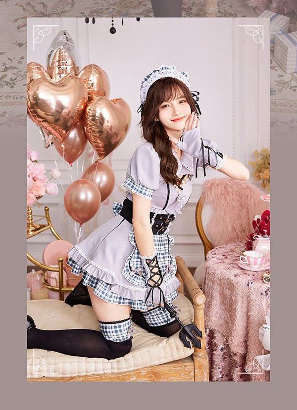 画像8: 【即日発送】ゴシックチェックメイドドレス【マリームーン】【ハロウィンコスプレ6点セット】【フリーサイズ/2カラー】[OF04] (8)