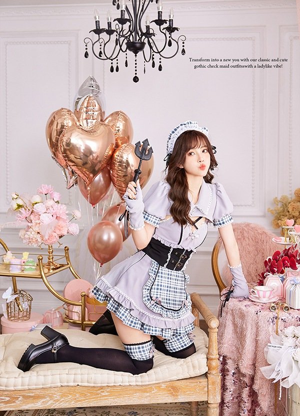 画像7: 【即日発送】ゴシックチェックメイドドレス【マリームーン】【ハロウィンコスプレ6点セット】【フリーサイズ/2カラー】[OF04] (7)