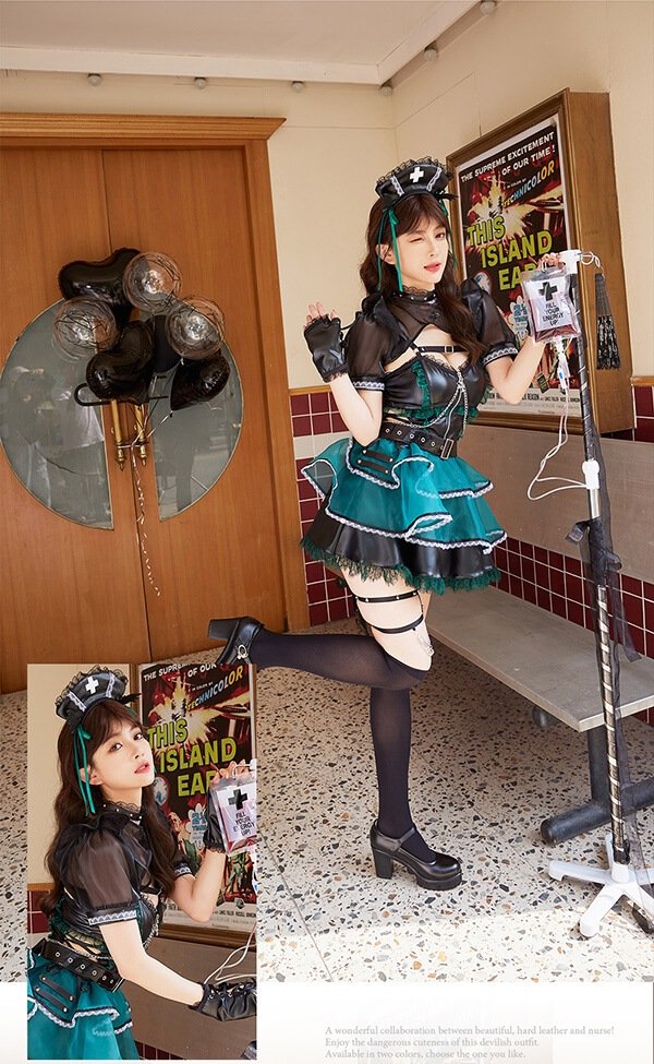 画像3: 【即日発送】ホーンテッドブラックレザーナース【マリームーン】【ハロウィンコスプレ6点セット】【フリーサイズ/2カラー】[OF04] (3)