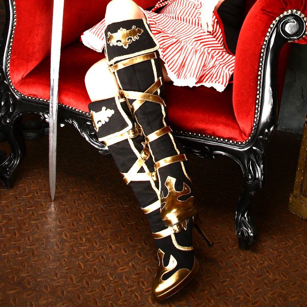 画像8: 【ハロウィン小物】パイレーツガール必須アイテム！黒に金の装飾がカッコイイ☆コスプレ用ヒールブーツ[HC03] (8)
