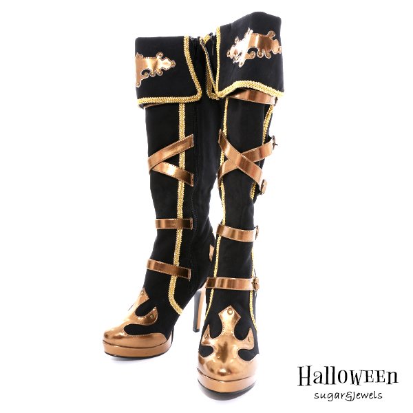 画像2: 【ハロウィン小物】パイレーツガール必須アイテム！黒に金の装飾がカッコイイ☆コスプレ用ヒールブーツ[HC03] (2)