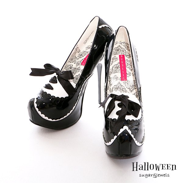 画像2: 【ハロウィン小物】cuteなリボンとダマスク柄の裏地も可愛い♪15cmヒールサンダル[HC03] (2)