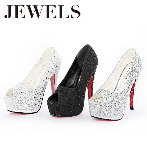画像4: 再入荷!【5size/3color】豪華に煌めくストーンの人気パンプス♪☆14cmヒールオープントゥパンプス[OF02] (4)