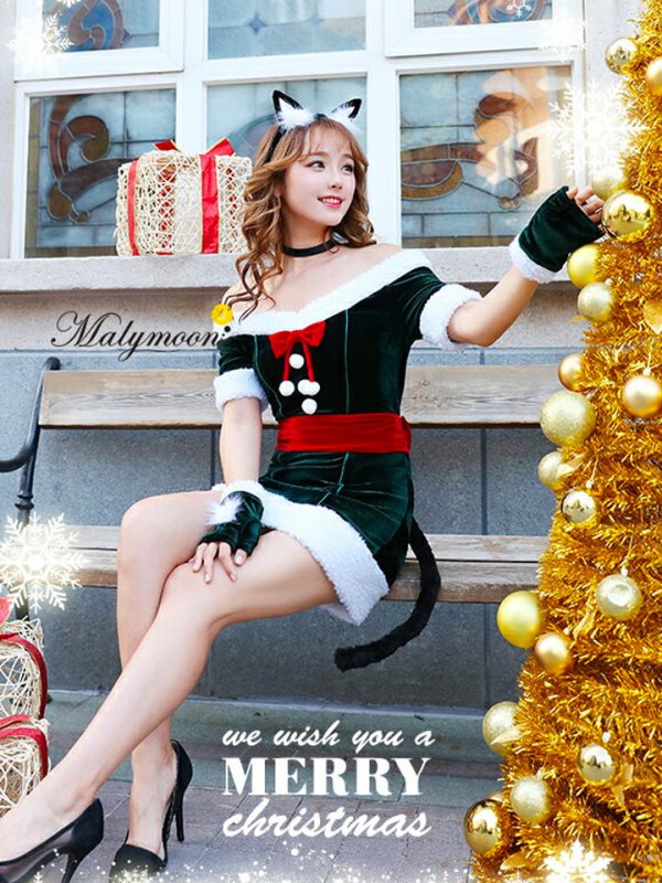 画像1: 【即日発送】【クリスマスコスプレ7点セット】【Malymoon/マリームーン】キャットサンタコスプレ【フリーサイズ/1カラー】[YMT] (1)