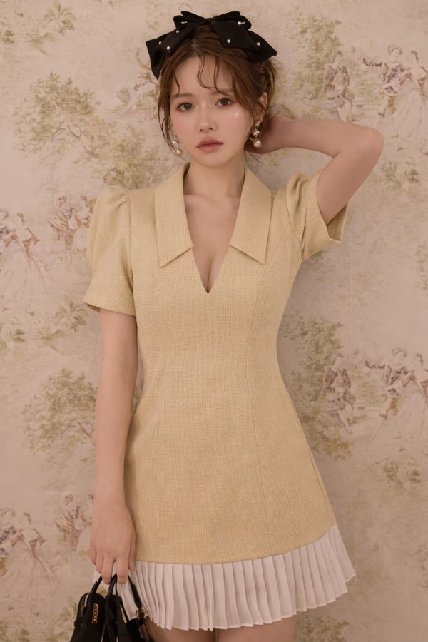 画像5: 【即日発送】Vネックパフスリーブプリーツミニドレス/キャバドレス【XS-Mサイズ/2カラー】[OF01]【SB】dzmsAG (5)