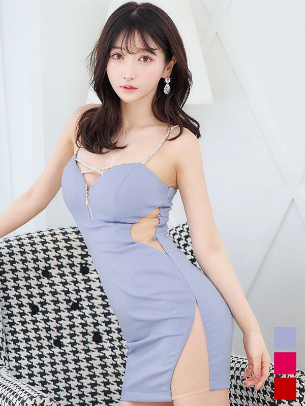 画像2: ワンカラー/ジップアップ/キャミ/サイドシアー/谷間見せ/背中見せ/タイト/ミニドレス/キャバドレス 【S-Mサイズ/5カラー】[HC02-X] 【SB】dzw (2)