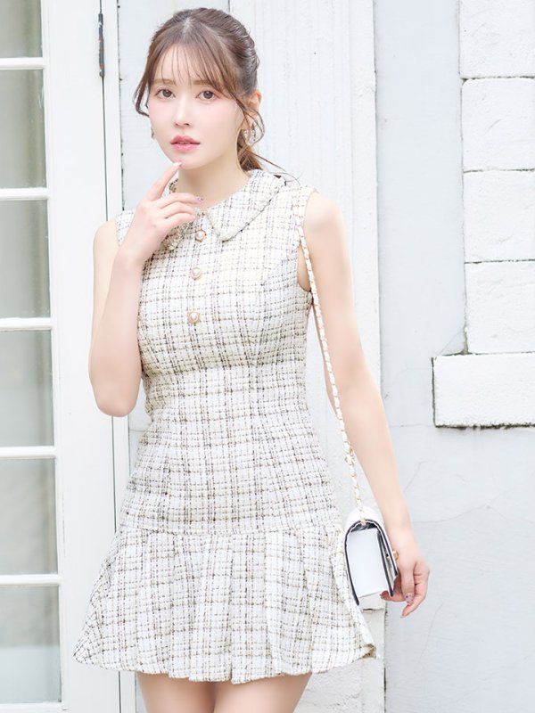 画像5: 【即日発送】ツイードプリーツドレス/ローライズ/ローウエスト/ノースリーブ/パール/谷間隠し/ミニドレス/キャバドレス【XS-XLサイズ/3カラー】[HC02-X] 【SB】dzj (5)