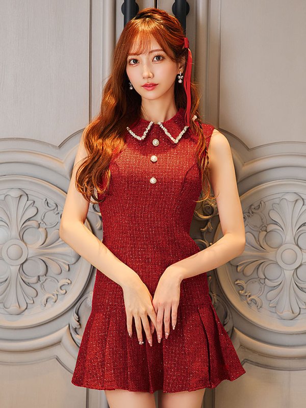 画像4: 送料無料！ツイードプリーツドレス/ローライズ/ローウエスト/ノースリーブ/パール/谷間隠し/ミニドレス/キャバドレス【XS-XLサイズ/3カラー】[HC02-X] 【SB】dzj【一部予約商品/10月下旬発送予定】 (4)