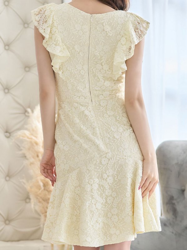 画像9: マーメイドワンピースドレス/花柄刺繍レース/フリル/谷間見せ/背中隠し/ミディアムドレス/キャバドレス【S-Lサイズ/4カラー】[OF01-X] 【SB】dzw (9)