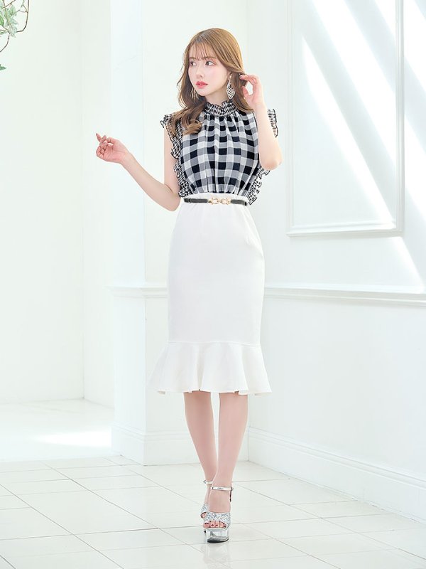 画像2: SALE!ギンガムチェックドレス/マーメイド/ベルト/透け/フリル/胸元隠し/背中隠し/ミニドレス/キャバドレス【S-Lサイズ/1カラー】[OF01-X] 【SB】dzj (2)