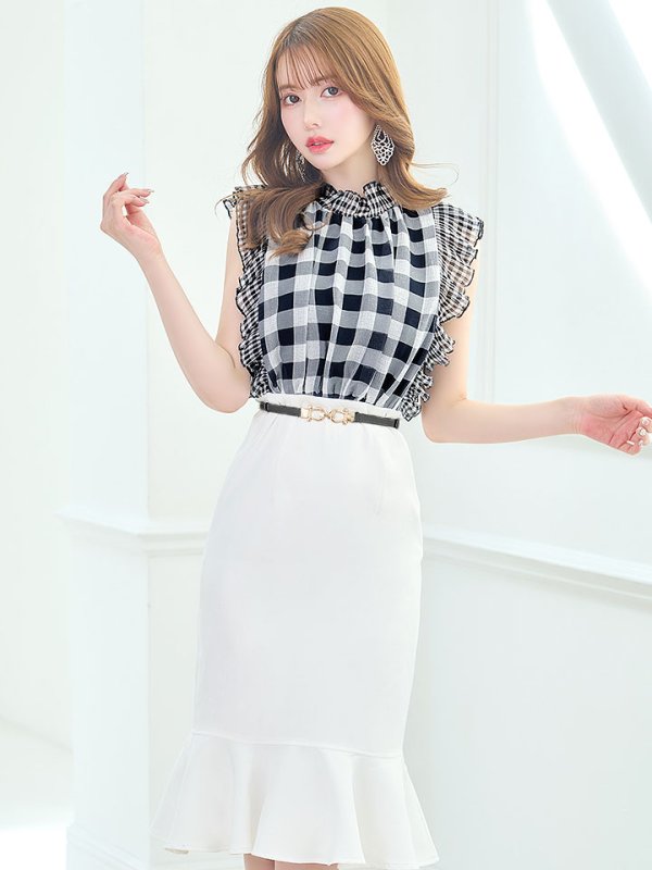 画像3: SALE!ギンガムチェックドレス/マーメイド/ベルト/透け/フリル/胸元隠し/背中隠し/ミニドレス/キャバドレス【S-Lサイズ/1カラー】[OF01-X] 【SB】dzj (3)