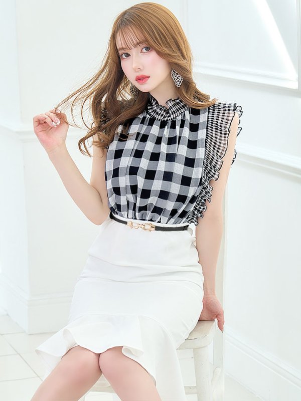 画像8: SALE!ギンガムチェックドレス/マーメイド/ベルト/透け/フリル/胸元隠し/背中隠し/ミニドレス/キャバドレス【S-Lサイズ/1カラー】[OF01-X] 【SB】dzj (8)