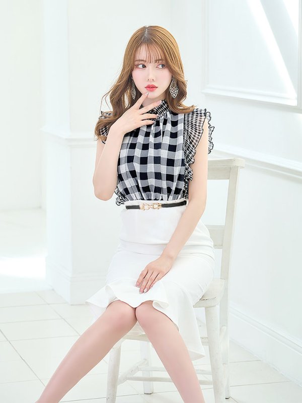 画像9: SALE!ギンガムチェックドレス/マーメイド/ベルト/透け/フリル/胸元隠し/背中隠し/ミニドレス/キャバドレス【S-Lサイズ/1カラー】[OF01-X] 【SB】dzj (9)