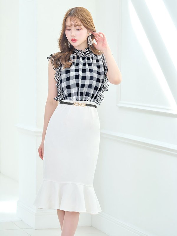 画像10: SALE!ギンガムチェックドレス/マーメイド/ベルト/透け/フリル/胸元隠し/背中隠し/ミニドレス/キャバドレス【S-Lサイズ/1カラー】[OF01-X] 【SB】dzj (10)